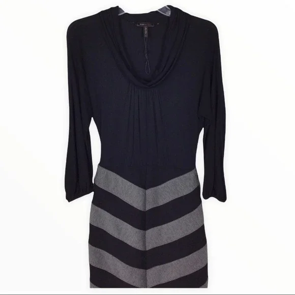 BCBGMaxazria | Black Gray Jersey Knit Chevron Cowl Neck Sheath Dress 0 - Picture 2 of 8